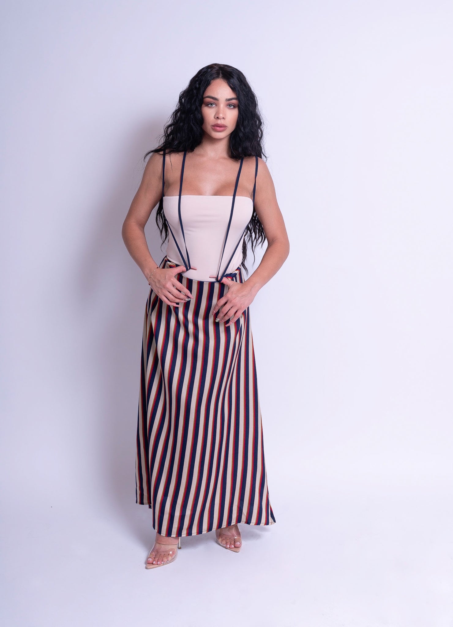 Ally | Satin Suspender Stripped Skirt