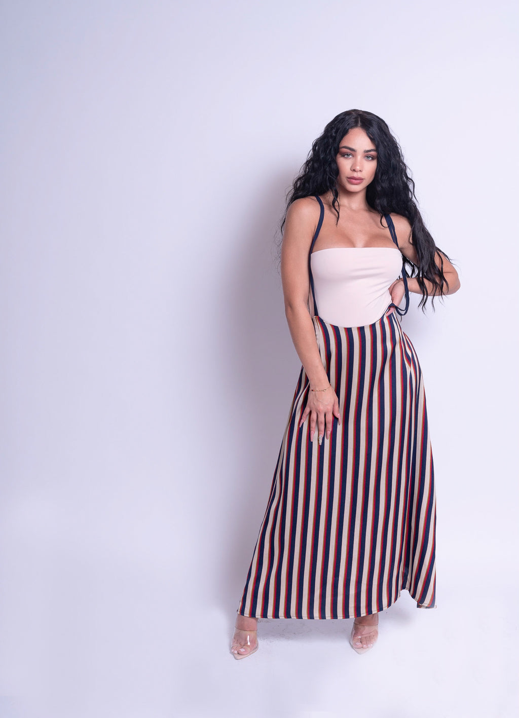 Ally | Satin Suspender Stripped Skirt